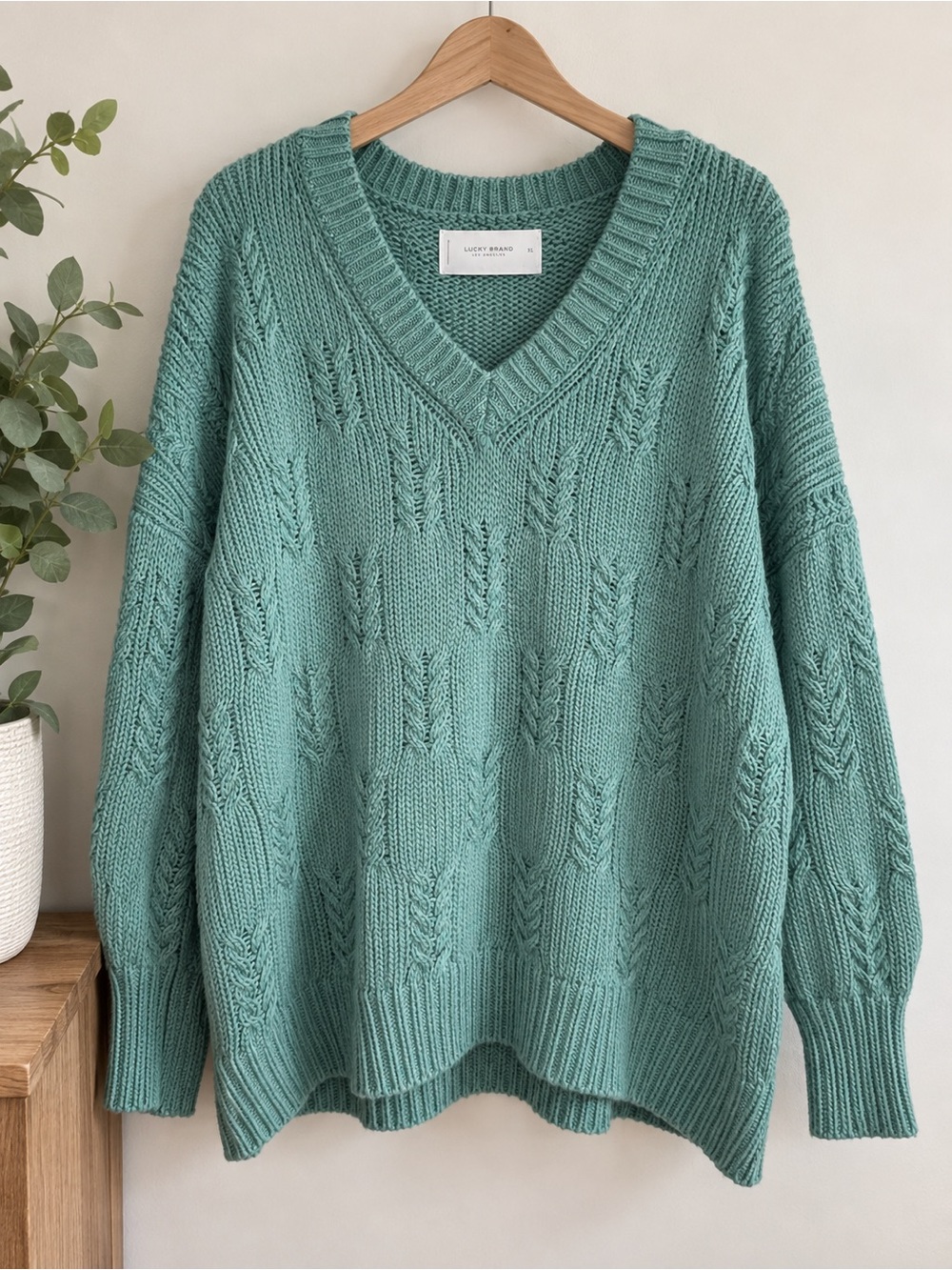Lucky Brand Cable Knit Oversized V-Neck Sweater Side Slits Teal XL